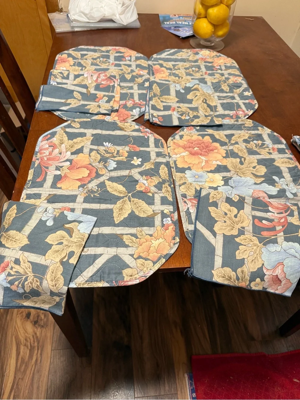 Floral Quilted Dining Placemats and Napkins - Blue and Gold